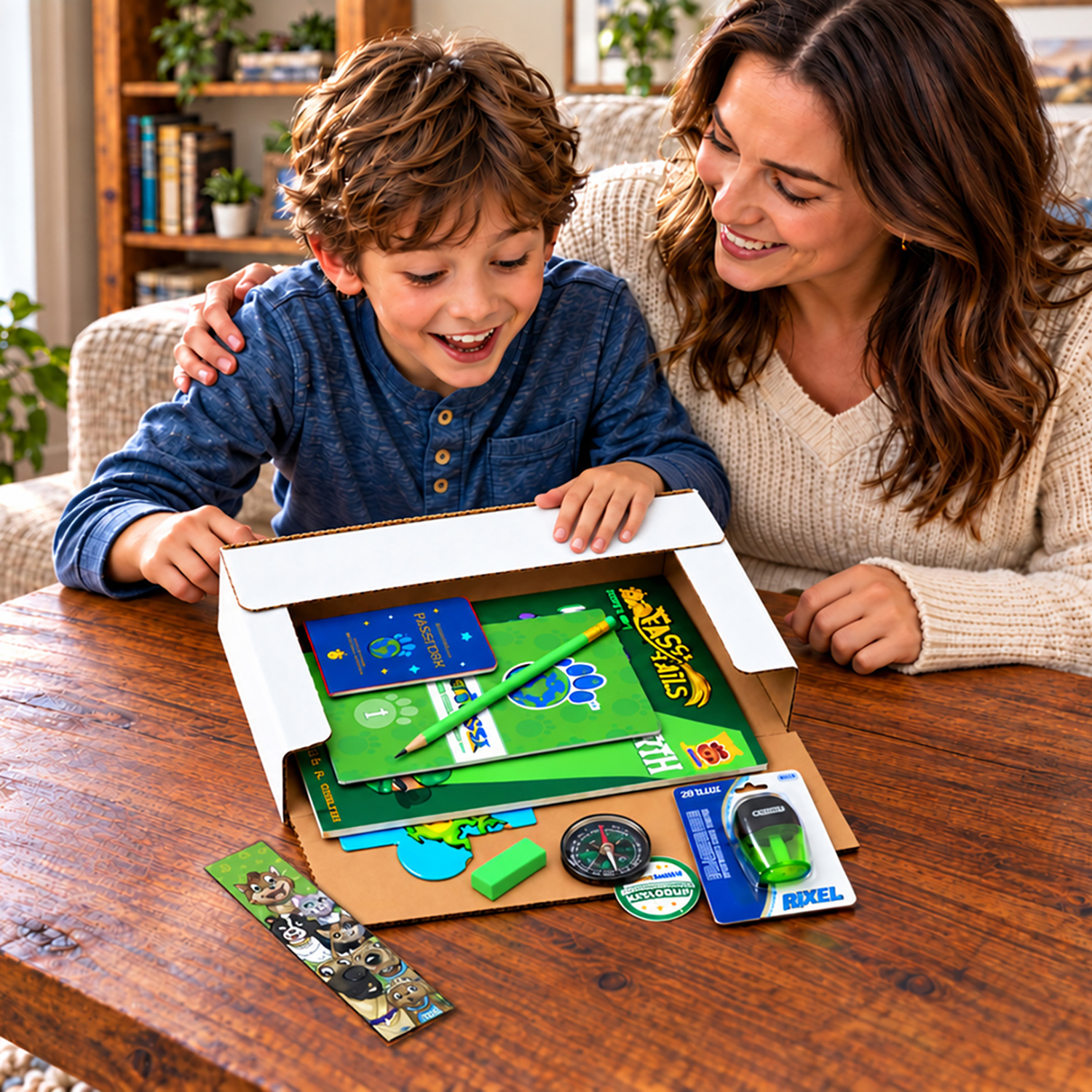 A mom and her son excitedly opening their Fassa Field Kit together
