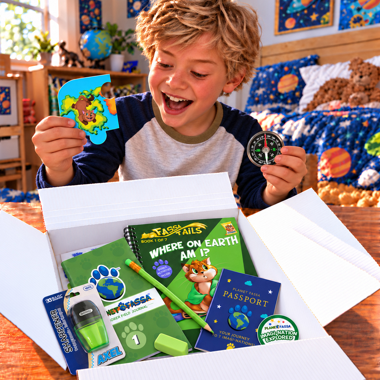 A mom and her son excitedly opening their Fassa Field Kit together