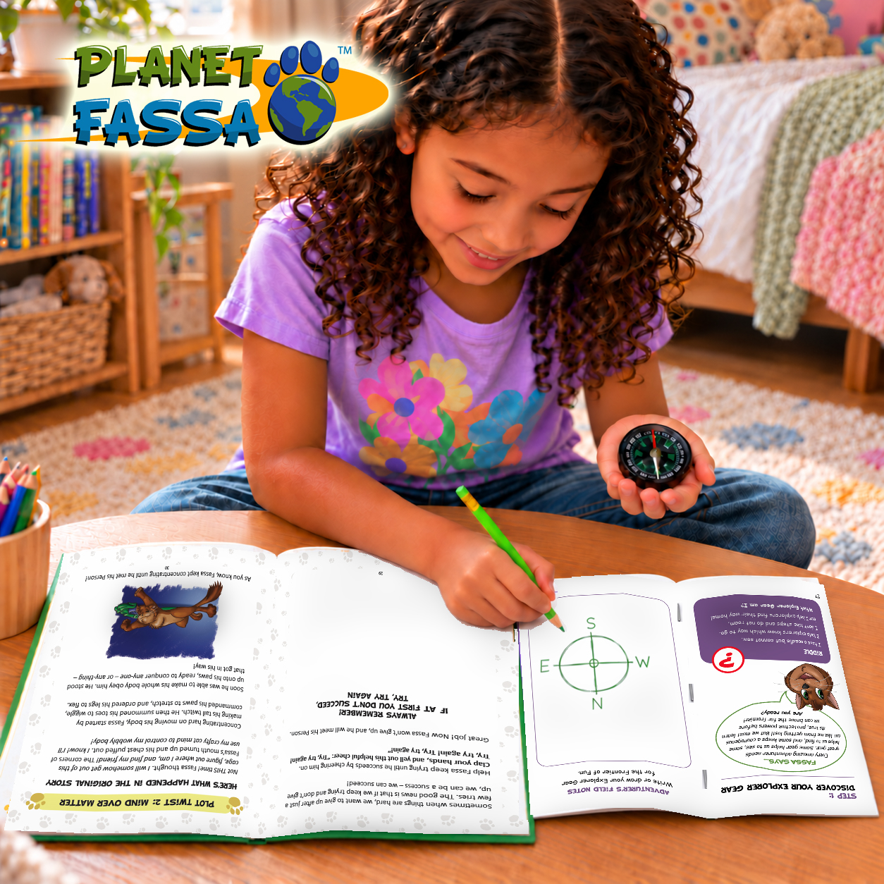A child using their Fassa Field Kit compass and Field Journal