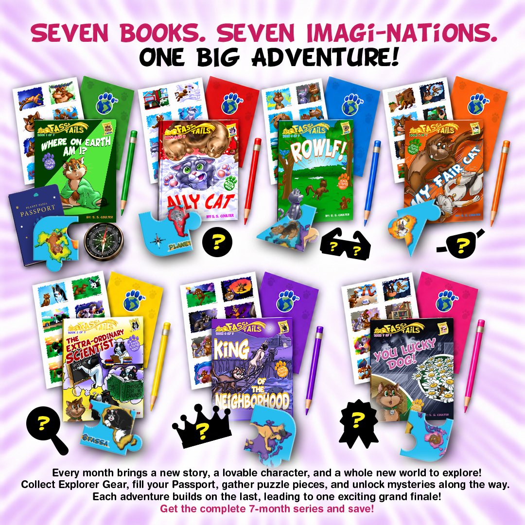 All seven Fassa Tails books and their Imagi-Nations, each with its own color, gear piece, and map puzzle piece
