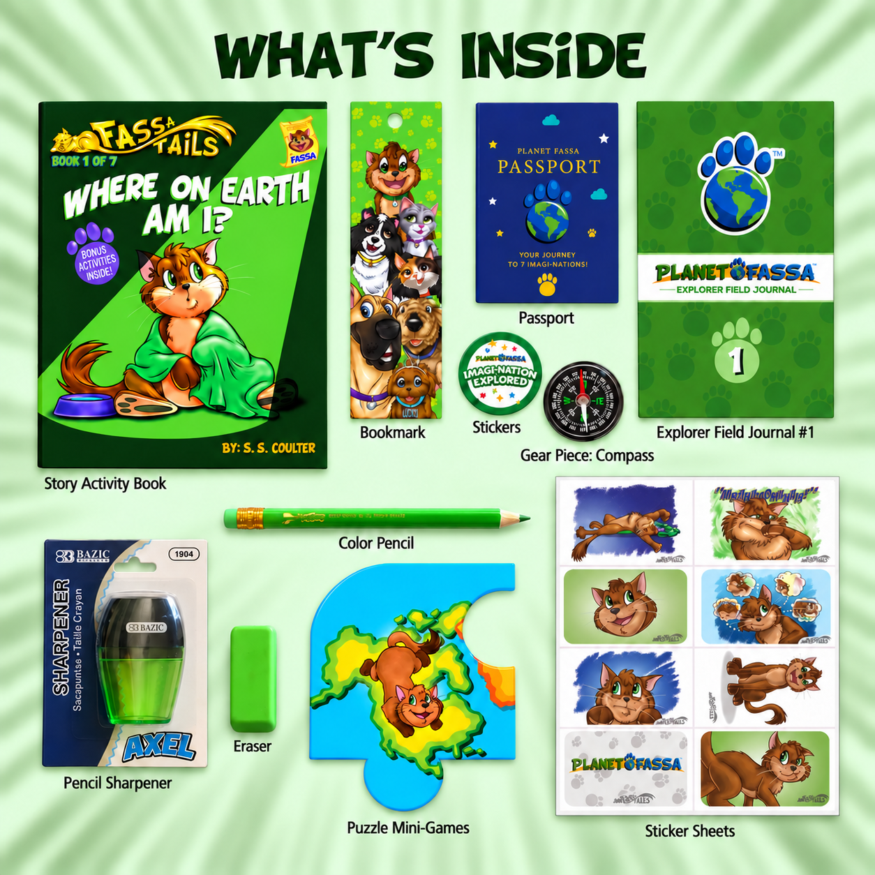 Everything inside the Fassa Field Kit: the Fassa Tails story activity book, a bookmark, the Planet Fassa Passport, stickers, a compass, the Explorer Field Journal, a color pencil, an eraser, a pencil sharpener, puzzle mini-games, and sticker sheets